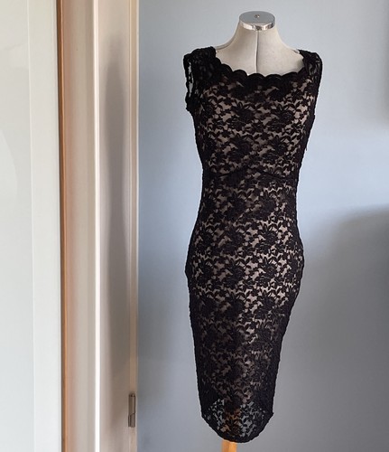 Vintage 90s Y2k Jane Norman Dress Nude Black Lace Wiggle Bodycon Party 12 14 - Bild 2 von 10