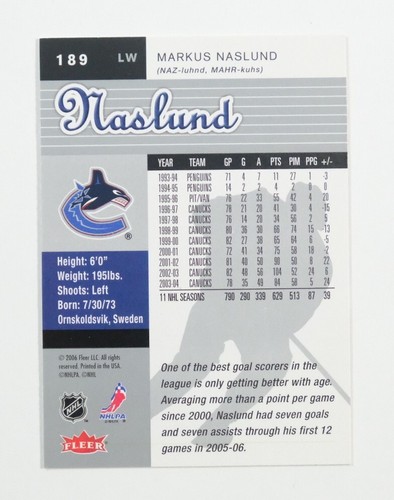 2006-07 Fleer Ultra Hockey Card #189 Markus Naslund - Picture 2 of 2