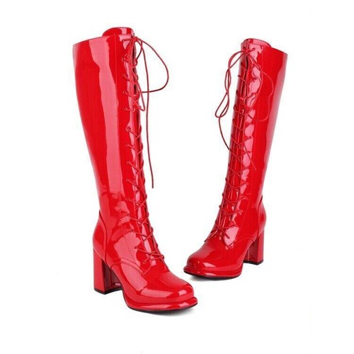 Womens Punk Patent Leather Knee High Boots side zip Lace Up Chunky Heels Shoes - Picture 15 of 16