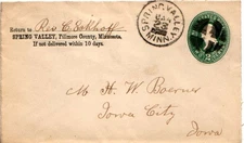 Minnesota Spring Valley 1890 segmented cork  Postal Stationery Envelope.