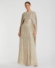 Mac Duggal 93869 Champagne Gold Embellished Beaded Column Cape Gown Sz 4 NEW