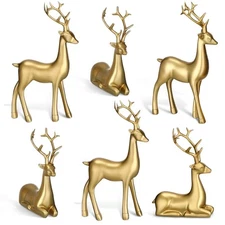 6 Pcs Christmas Reindeer Decor Gold Small Resin Standing Sitting Deer Figurin...