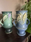 Roseville 123-9 Freesia Double Handled Green & Blue Vases 9.5” Lot of 2 See Note