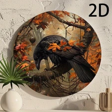 1pc 2D Retro Crow and Autumn Leaves Round Aluminum Sign- Multi-purpose, Pre-dril