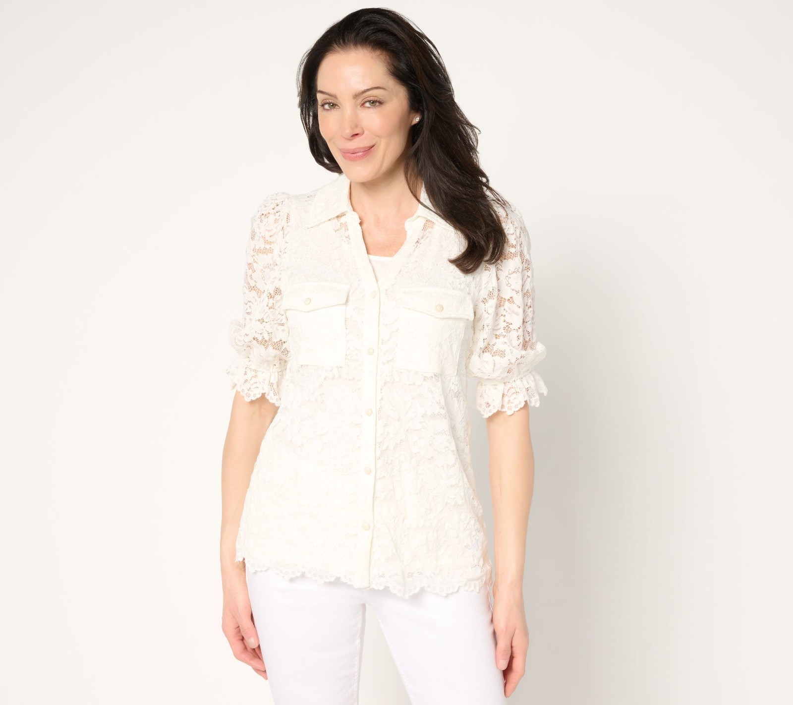 Susan Graver Women's Top Sz M Occasions Short-Sleeve Button-Front White A680499