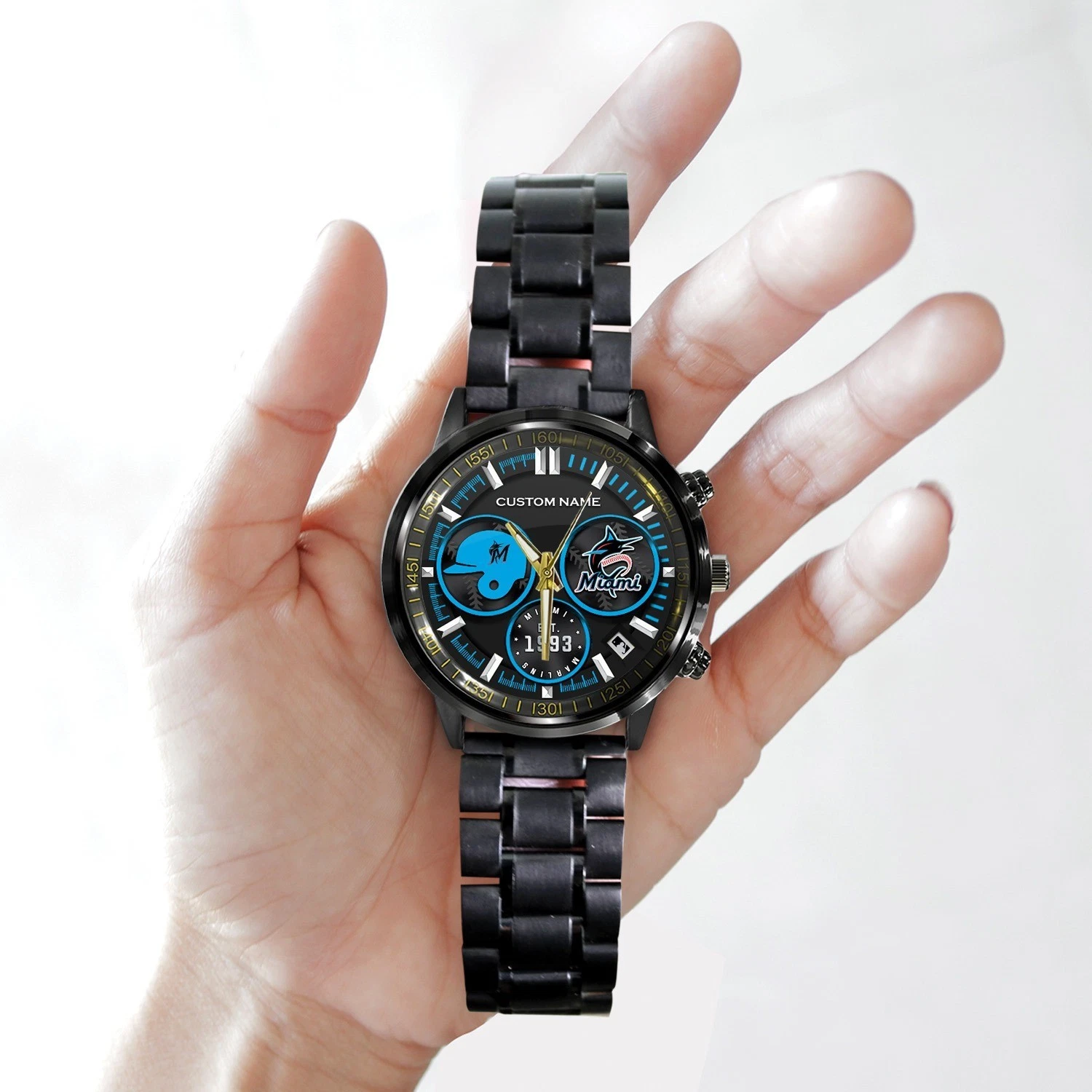 Personalized Miami Baseball Marlinss Team Men Black Stainless Steel Watch Gift