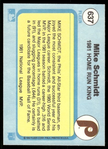 1982 Fleer - Mike Schmidt #637 - Picture 2 of 2