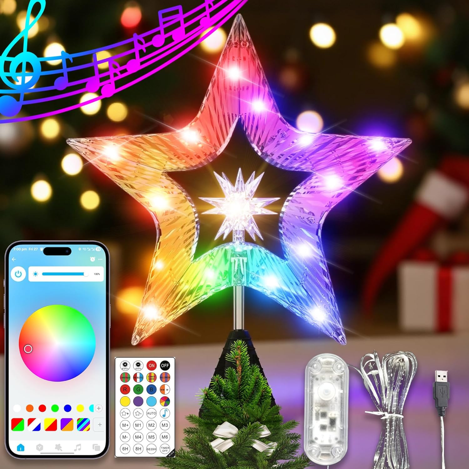 10" Christmas Tree Star Topper with Lights, Shatterproof, RGB Glow, USB Plug In