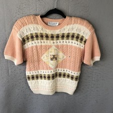 Vintage Feminine Sweater Womens S Pink Fair Isle Embroidered Twee Pastel Retro
