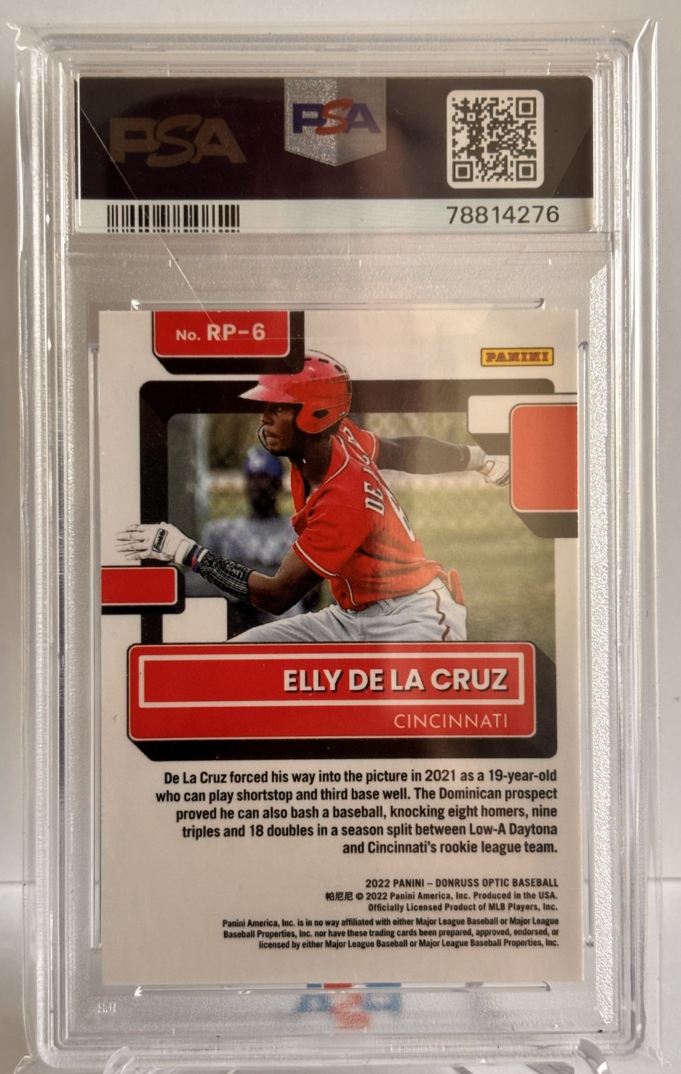 2022 Donruss Optic #RP6 Rated Prospect Elly de La Cruz PSA 10 RC Cincinnati Reds view 2