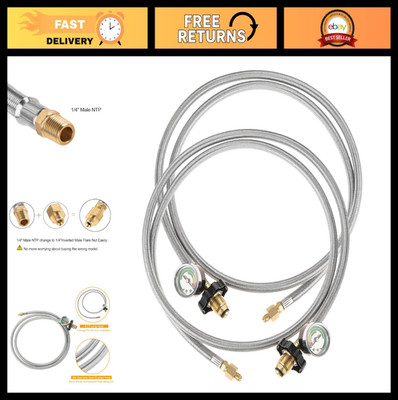6FT Propane Pigtail Hose 2 Pack with Pressure Gauge, Braided Stainless Steel, Fi