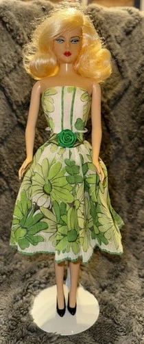 Hankie Couture Barbie Green Floral Dress Fashion Doll Vintage