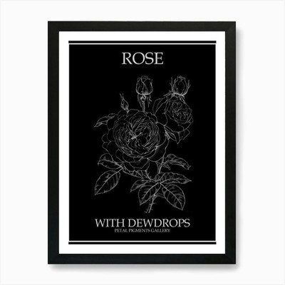 Rose mit Tautropfen Strichzeichnung 3 P gerahmtes Wandbild Poster Leinwanddruck Bild