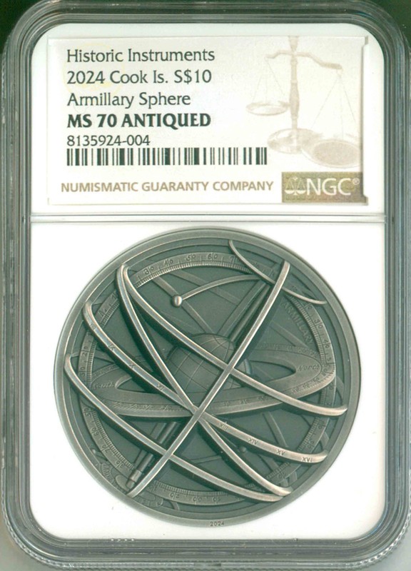 2024 Cook Is. S$10 Historic Instruments Armillary Sphere 2 Oz NGC MS70 Antiqued