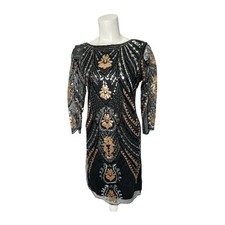 Sequin Beaded Black Gold Silver Gatsby Flapper Dress 3/4 Sleeve Large NEW
