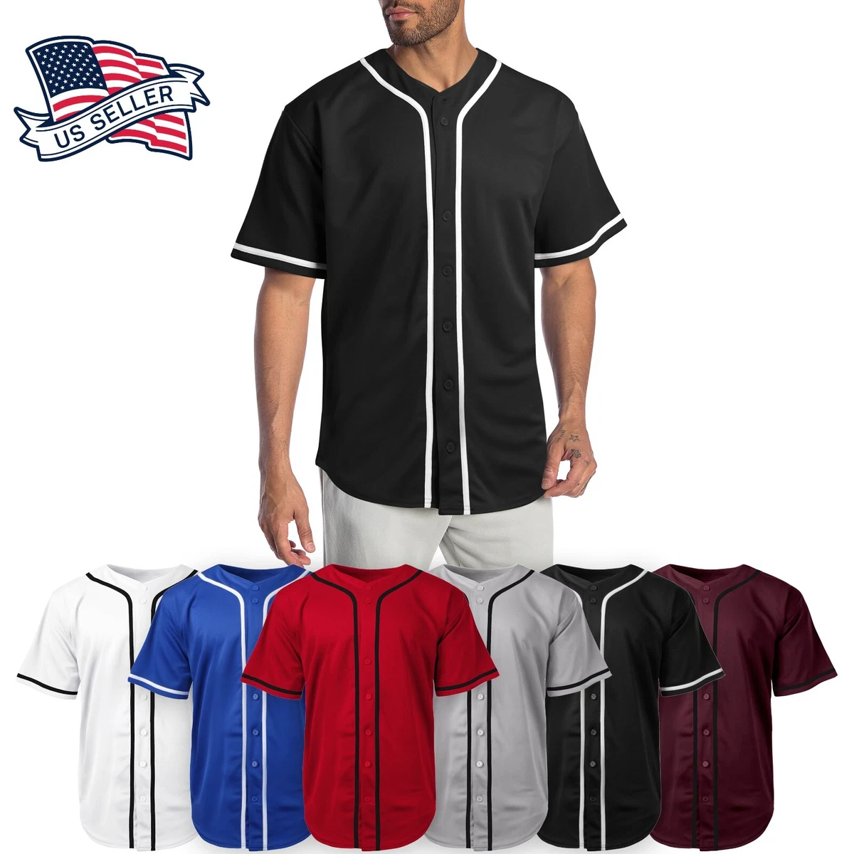 Mens Baseball Jersey MLB Plain T Shirt Team Uniform Solid Button