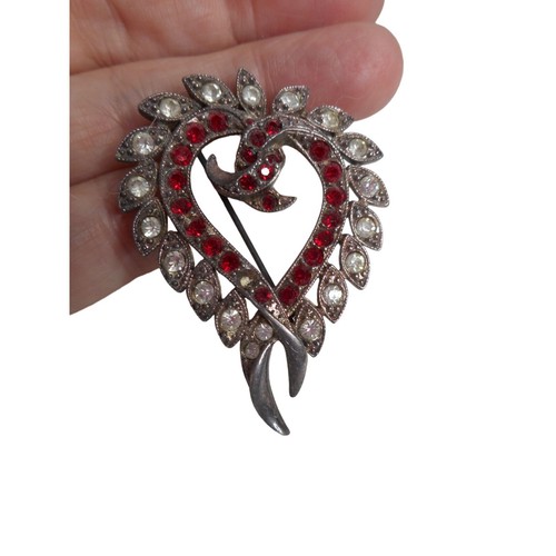 Vintage Heart Ruby & clear stones Linden Jewelry Brooch Pin Pendant Estate Find