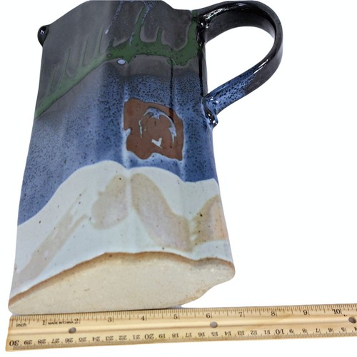 Studio Art Pottery Drip Glaze Pitcher 4 Cups No Handles Signed Jug Blue Green - Picture 9 of 12