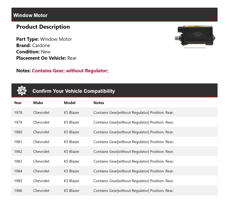 Para Chevrolet K5 Blazer 1978-1986 Ventana Motor Trasero Cardone 1979 1980 1981 1982 Foto 2 de 3