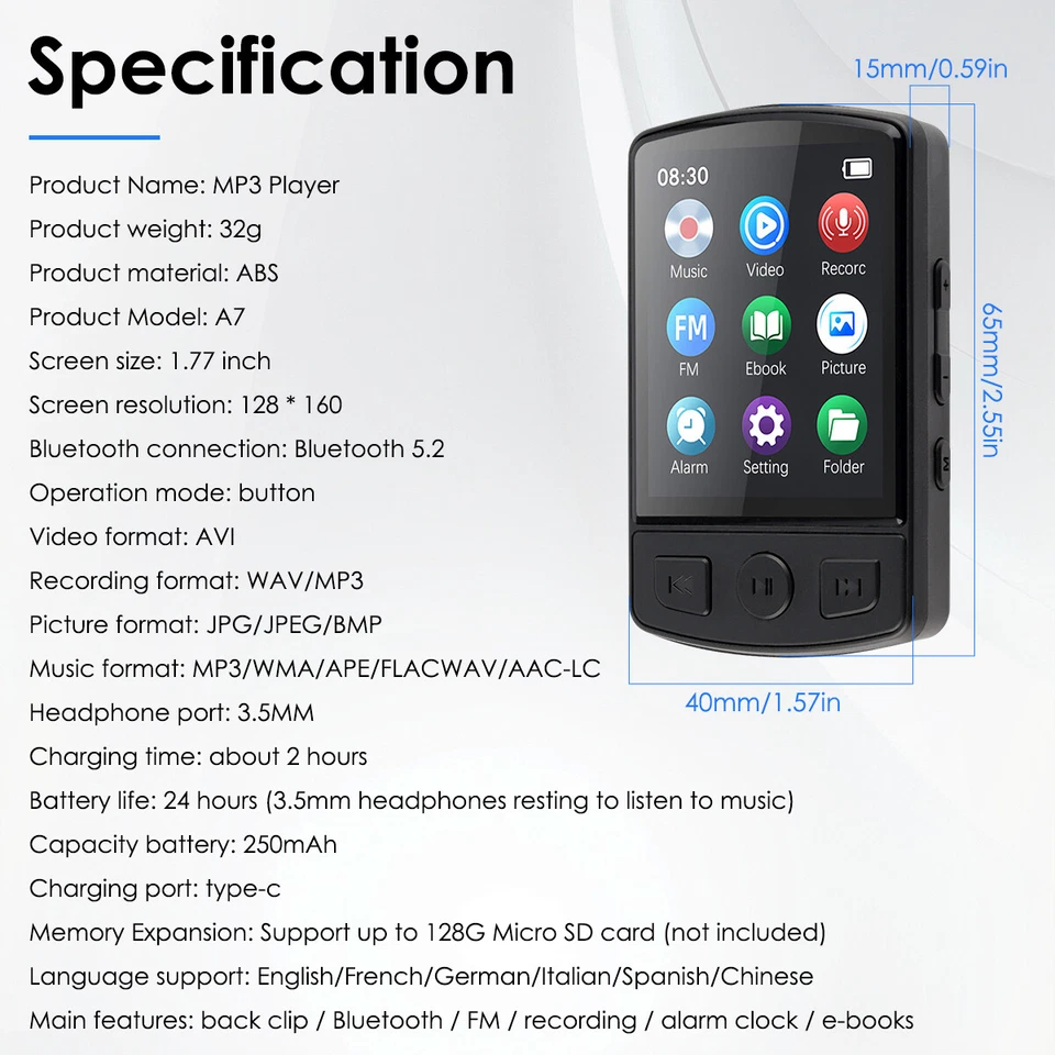 Reproductor MP3 32 GB HiFi Sonido Sin Pérdidas Bluetooth Clip Música Grabadora de Voz Radio FM Foto 2 de 4