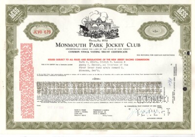 Monmouth Park Jockey Club - Original Stock Certificate - 1964