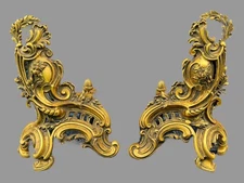 Pair Antique French Rococo Baroque Style Gilt Metal Fireplace Andirons Chenets
