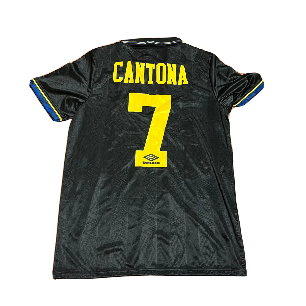 VTG 90S UMBRO MANCHESTER UNITED CANTONA BLACK SOCCER JERSEY KIT SZ L