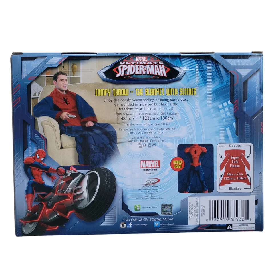 Marvel Spider-Man Adult Silk Touch Comfy Throw Blanket with Sleeves ONE SIZE NEW - Image 3 of 3