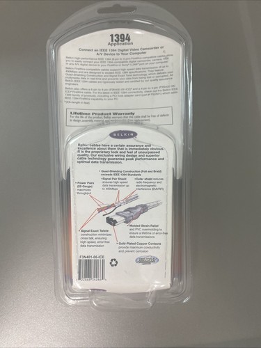 BELKIN 1394 6 FT. 6-PIN TO 4-PIN CABLE, APPLE FIRE WIRE & SONY I.LINK COMPATIBLE - Afbeelding 2 van 6