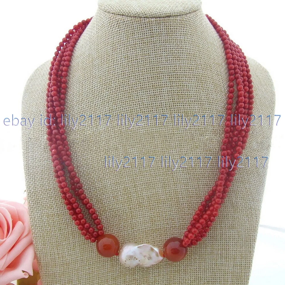 Ожерелье с подвеской в виде сердолика 20 дюймов 5 нитей 4 мм красный коралл белый кеши барокко жемчуг - Изображение 2 из 3