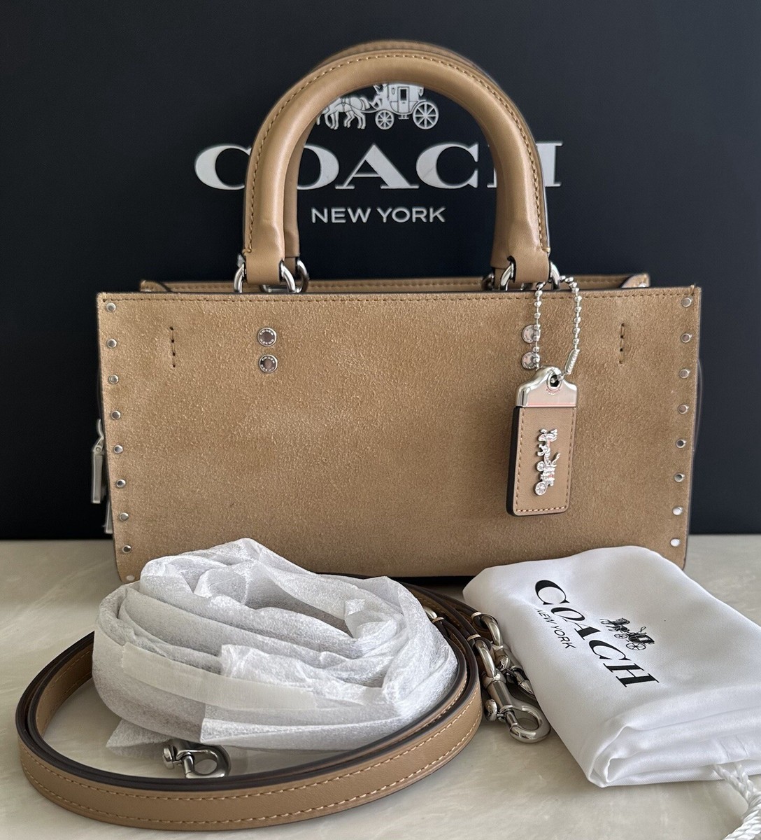 NWT COACH ROGUE 26 PEANUT TAN MIXED LEATHERS WITH RIVETS TOP
