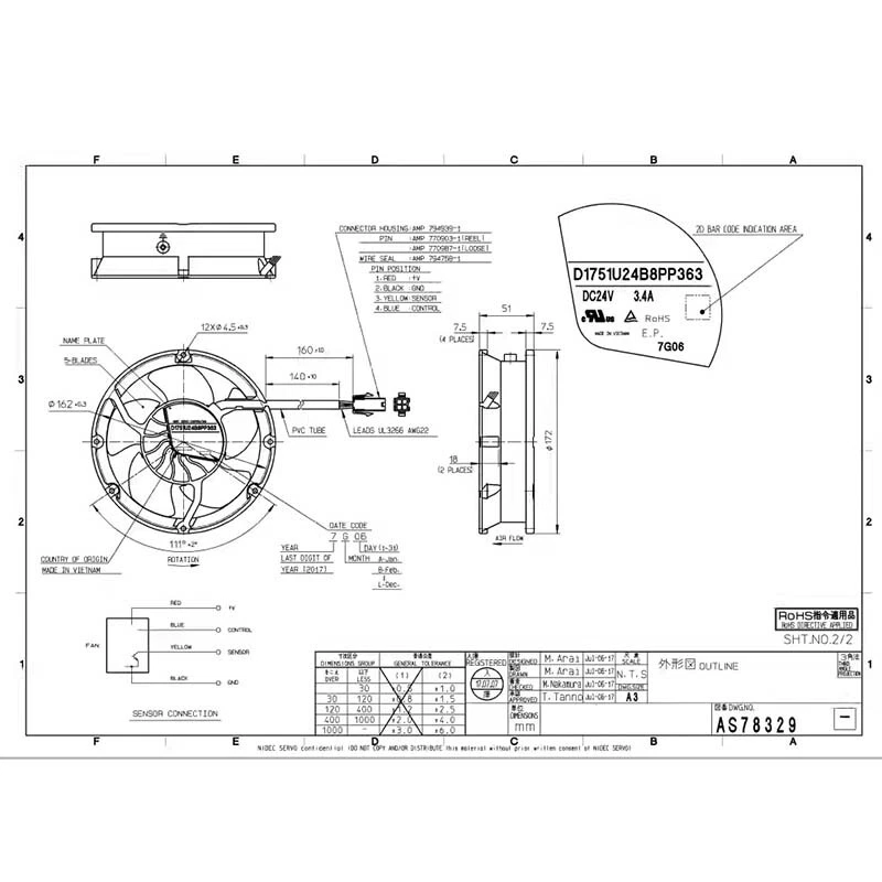 Cooling Fan For Nidec D1751U24B8PP366 D1751U24B8PP363 DC24V 3.4A 172*51MM 4Pin - Image 3 of 4