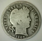 1907 Silver Barber Dime Ten Cent US Coin 10c US Type Coin Good Philadelphia