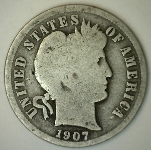 1907 Silver Barber Dime Ten Cent US Coin 10c US Type Coin Good Philadelphia