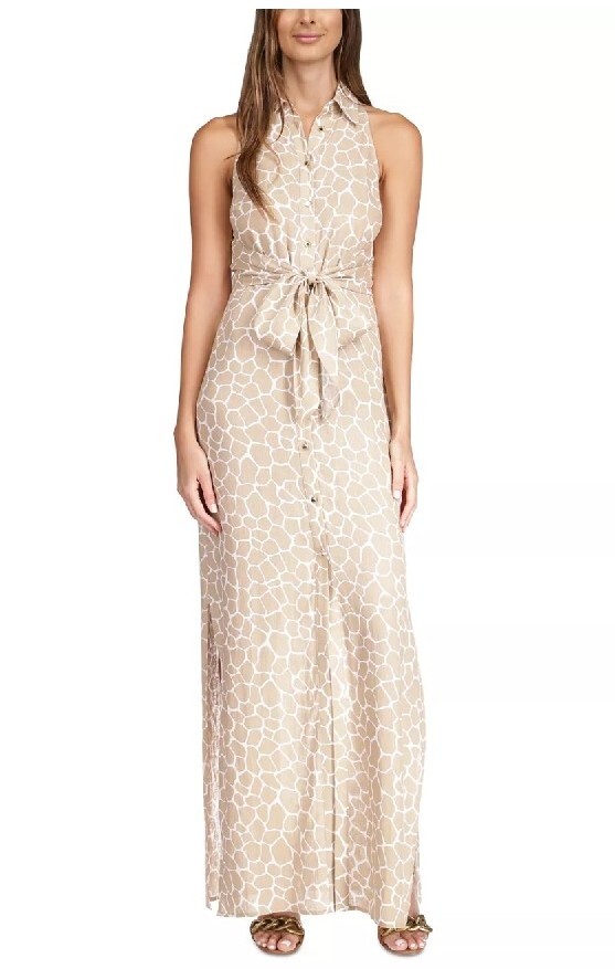 MK MICHAEL KORS Giraffe-Print Sleeveless Maxi Dress Summer Linen Beige Size  XS
