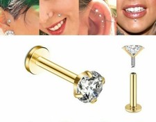 16G GOLD PRONG SET 2mm 3mm CZ GEM INTERNALLY THREAD LABRET LIP STUD TRAGUS RING