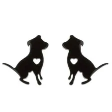 Dog Stud Black Earrings with Heart, Dog Love Pet, Great Gift, Animal Lover