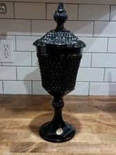 Vtg Indiana Black Glass Tiara Diamond Point 15" Pedestal Urn Compote * Mint!