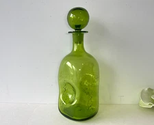 12" Blenko Oliver-Green Glass Decanter w/Ball Stopper - Pinch & Texture