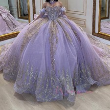 Luxury Ball Gown Quinceanera Dresses Lavender Lace Appliqued Big Bow Puffy
