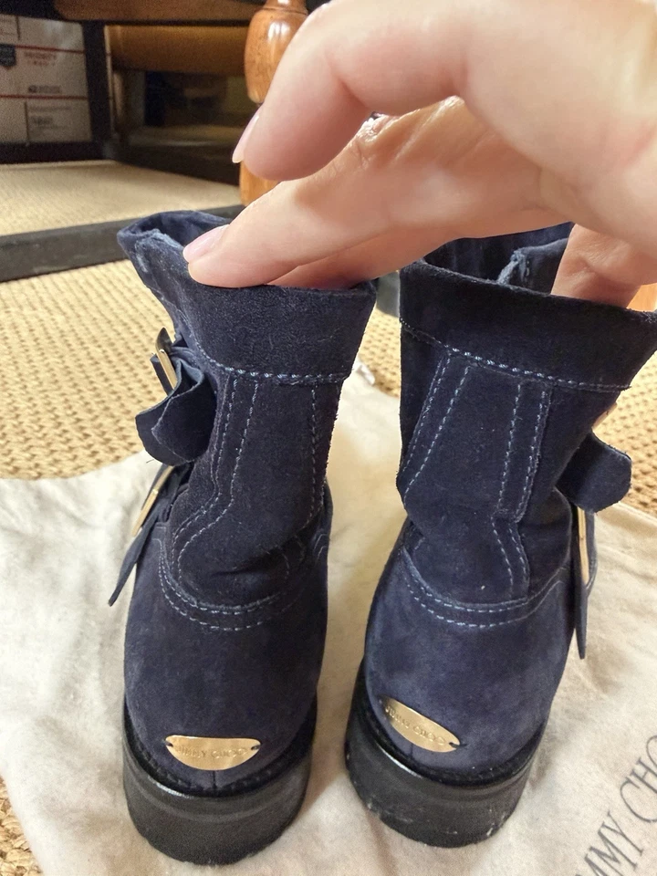 Jimmy Choo Navy Blue Suede Short Motorcycle Boots 37.5 - Image 2 of 4