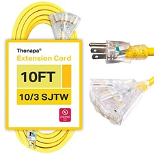 10 Ft Lighted Outdoor Extension Cord -3 Power Outlets-10/3 Yellow 10 Gauge Cable