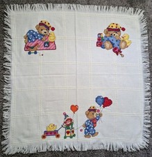 Vintage 80s 90s Cross Stitch Baby Crib Blanket Teddy Bear Theme Nursery Colorful