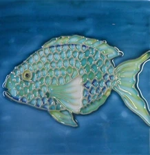 Fish hand painted ceramic art tile coaster 4 x 4 inches with back