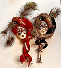 Pair of Handmade Venetian Masks with Hand Painted Porcelain Faces Made in Italy