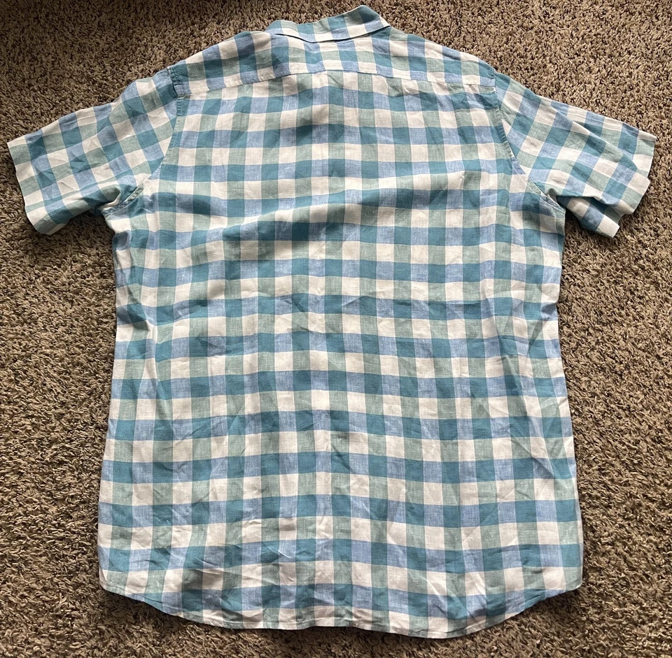 LL Bean Shirt Mens XL Tall Blue Gingham 100% Linen Button Down Short Sleeve - Image 3 of 4