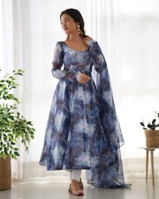 Women Anarkali Gown Marble Print Silk Wear Dress Dupatta Palazzo Navy Blue
