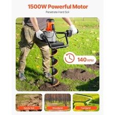 Electric Post Hole Digger, 5.71 in Auger Bit with 1500W Powerful Motor, 140 RPM