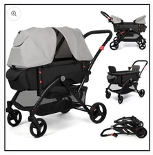Wagon Stroller for 2 Kids with Adjustable Handle & Canopy, Kids Tray, Cup Holder