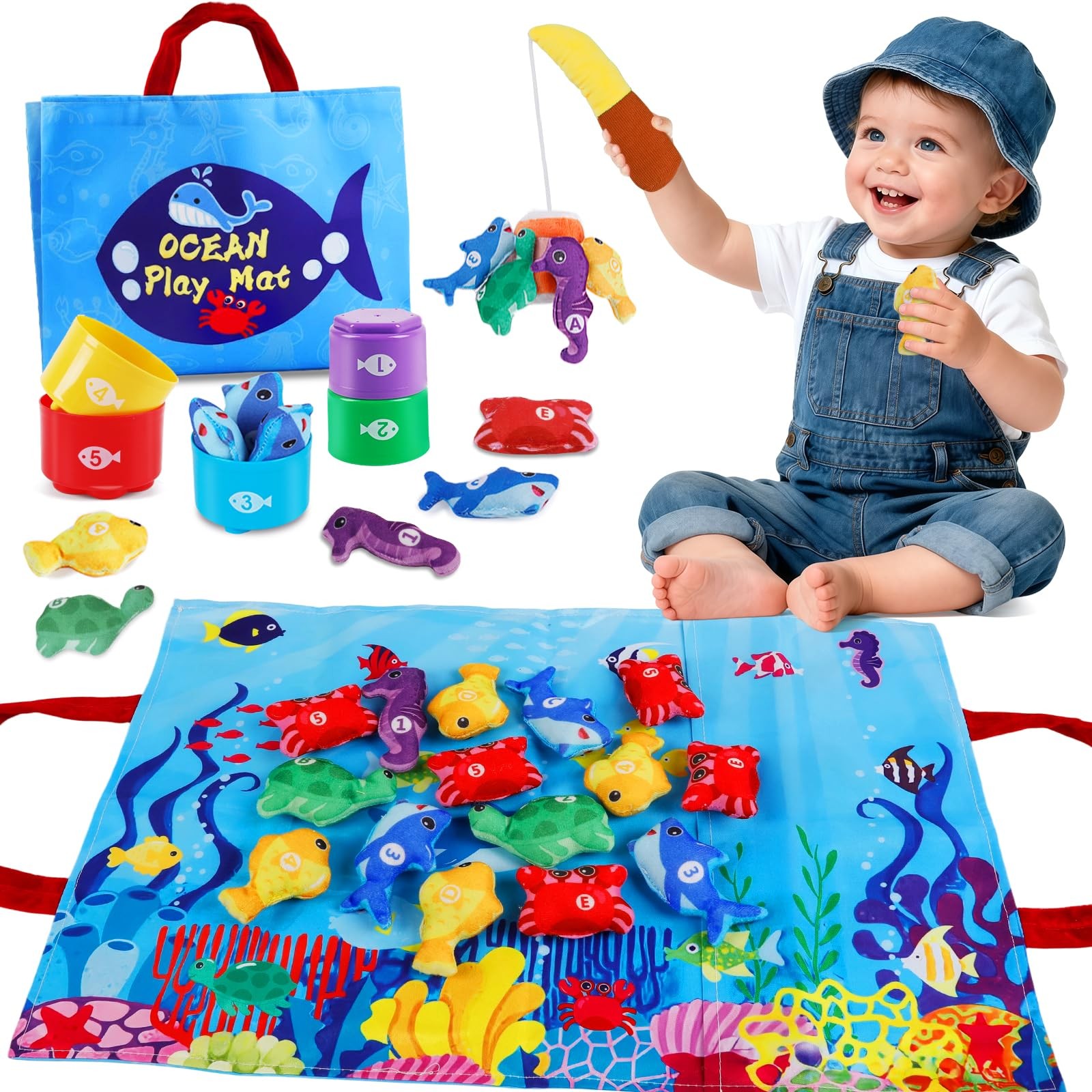 Montessori Toys for 1-2 Year Old - Cloth Ocean Fishing Game with Stacking Cup...